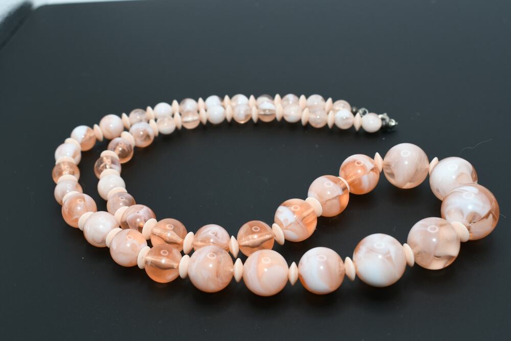 Vintage Peach Lucite Beaded Necklace Graduated Long Strand 25 Inch